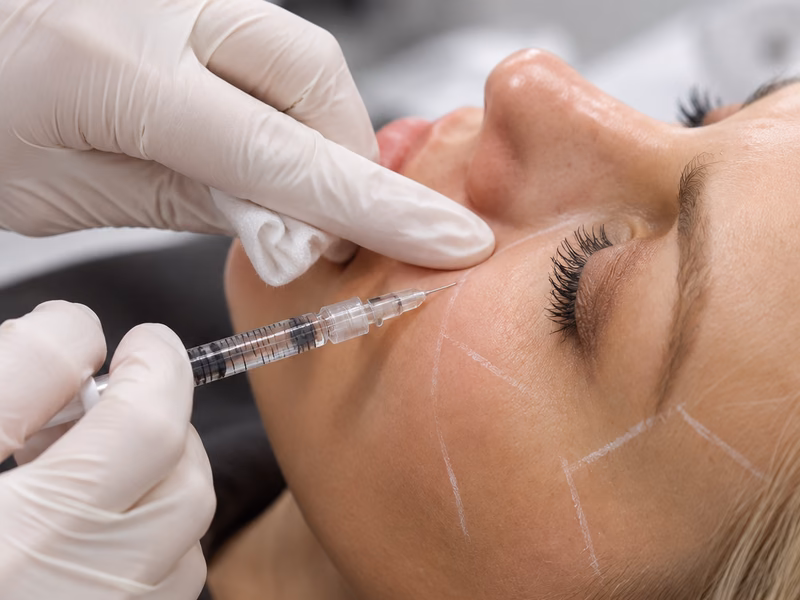 A practitioner performing a cheek filler treatment